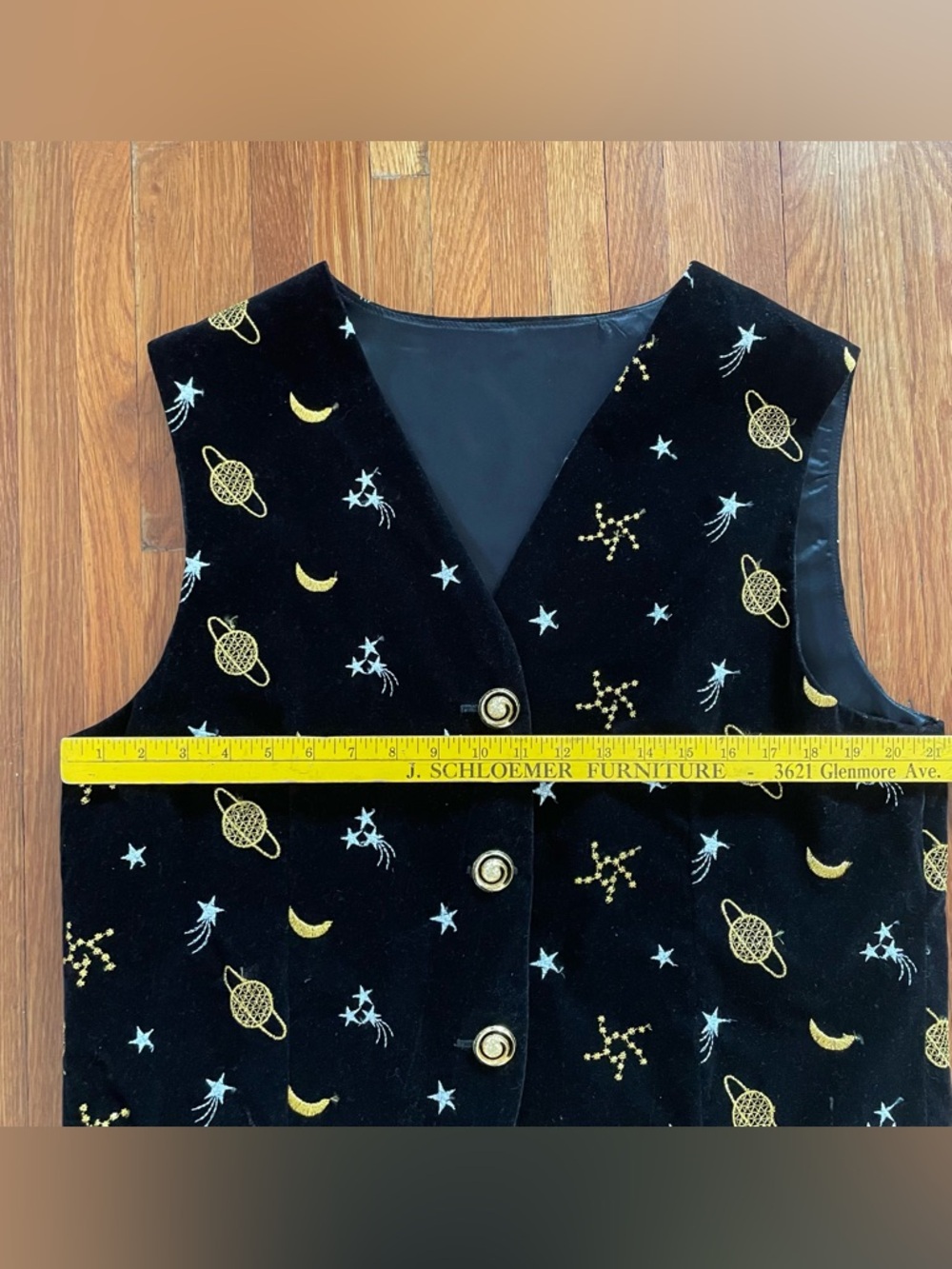 Vintage Celestial Embroidered Velvet Vest - Moon Saturn Stars Black & Gold - Picture 2 of 6